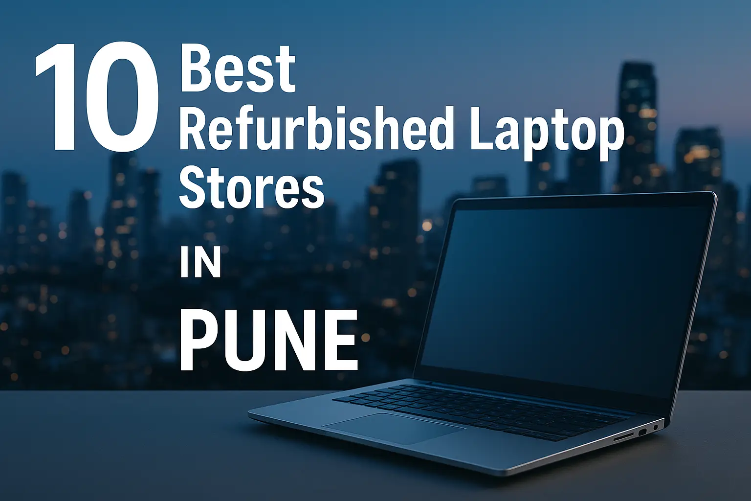 Banner image showing the best refurbished laptop stores in Pune with city and tech visuals