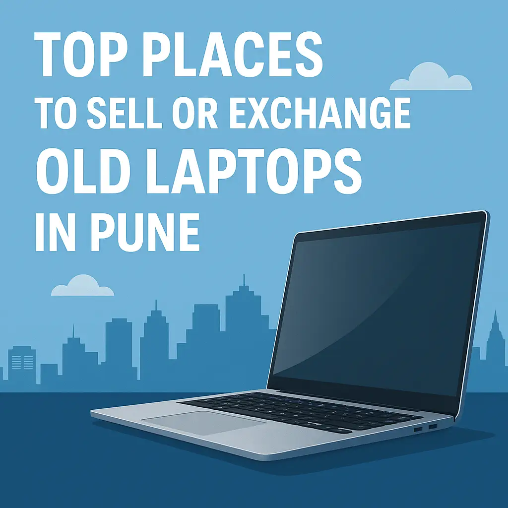 Promotional banner for best places to sell or exchange old laptops in Pune with digital icons and store visuals