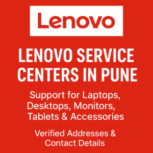 Lenovo Service Center Pune banner featuring verified contact information and locations for Lenovo product servicing.