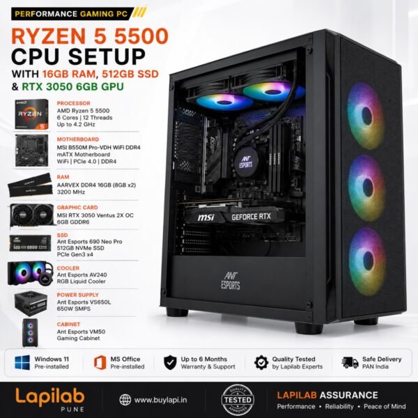 Ryzen 5 5500 Cpu Setup with 16 Gb ram, 512 gb ssd with RTX 3050 6GB GPU - Buy at Lapilab Pune - Image 1