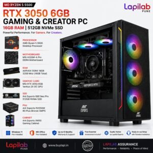 MD Ryzen 5 5500 RTX 3050 6GB Gaming & Creator PC | 16GB RAM | 512GB NVMe SSD - Buy at Lapilab Pune - Image 1