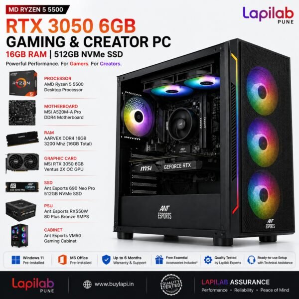 MD Ryzen 5 5500 RTX 3050 6GB Gaming & Creator PC | 16GB RAM | 512GB NVMe SSD - Buy at Lapilab Pune - Image 1